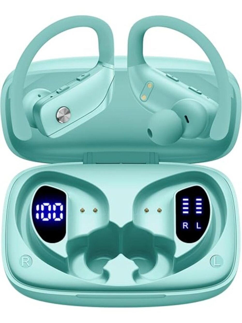 Mint Green Wireless Earbuds Bluetooth LED Display Ear-hooks Built-in Mic Headset